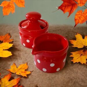 Waechtersbach Christmas Creamer & Sugar Set Germany Polka Dots Holiday Red White